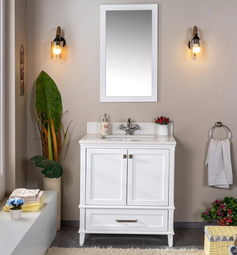 Nera Collection 30" Bath Vanity Quartz Top and Ceramic Sink, White, 30"