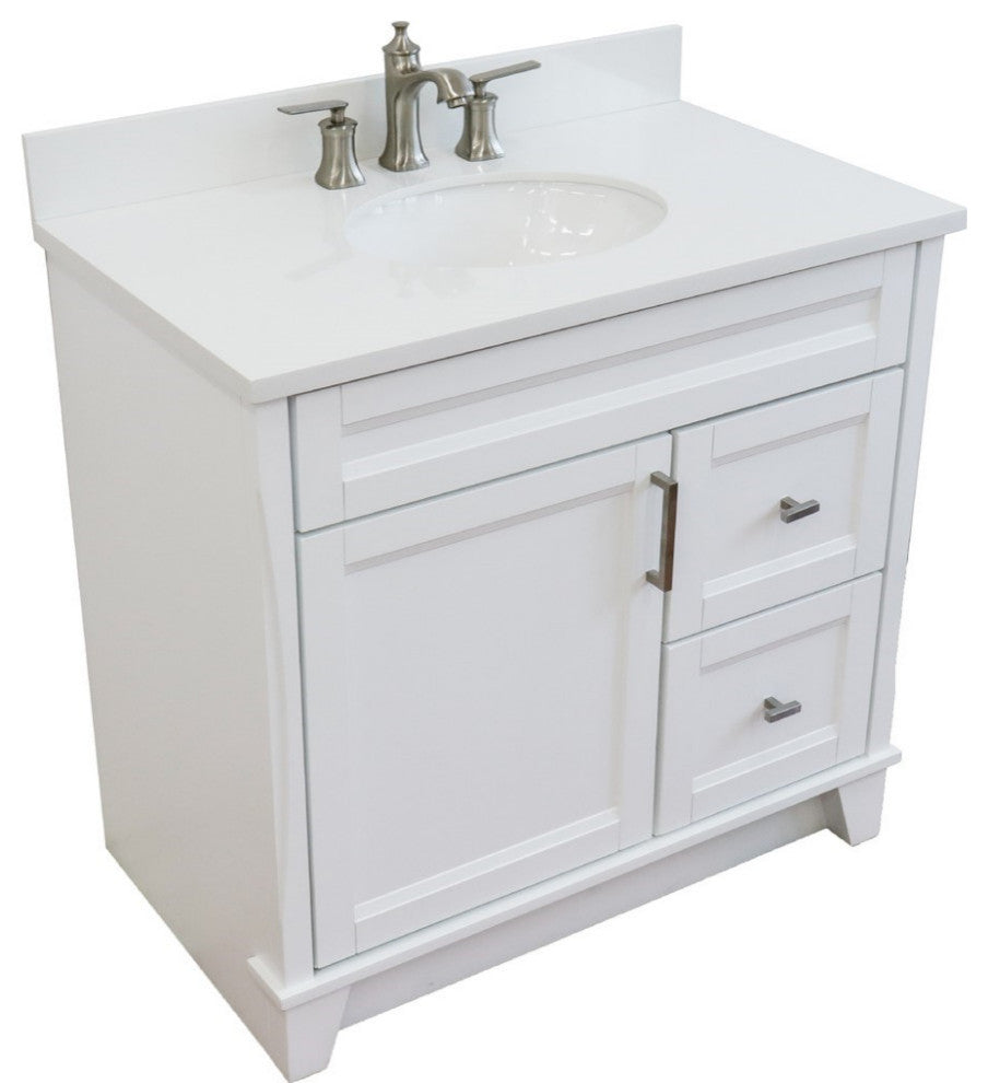37" Single Sink Vanity, White Finish With White Engineered Stone Top