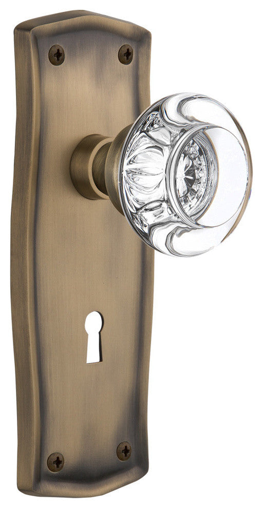 Prairie Plate With Keyhole Passage Round Clear Crystal Knob, Antique Brass