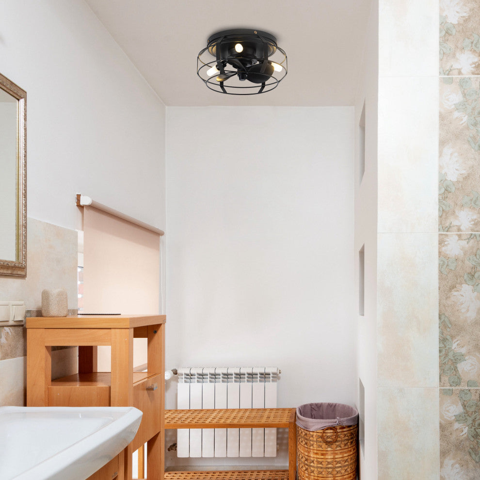 12 in Black Flush Mount Caged DC Motor Ceiling Fan with Light Kit and Remote