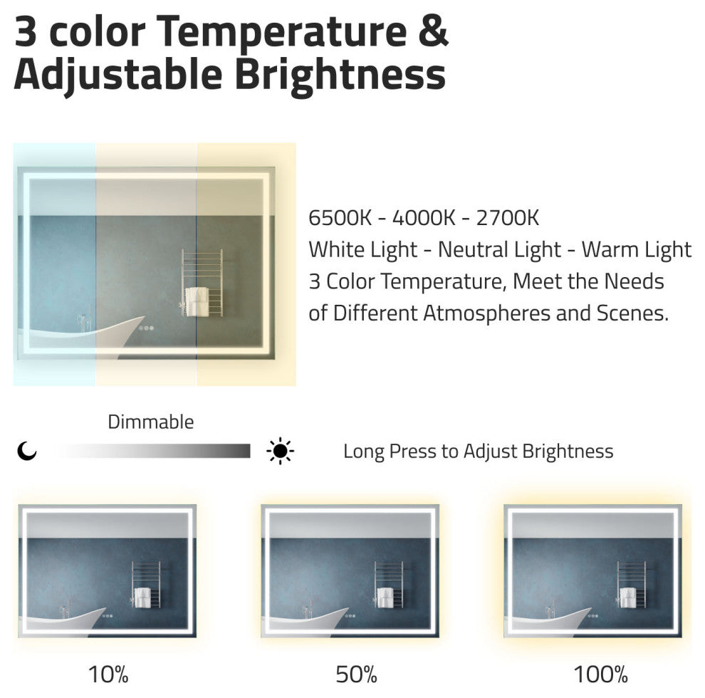 ANZZI 36" x 48" Frameless LED Front/Back Light Bathroom Mirror WithDefogger