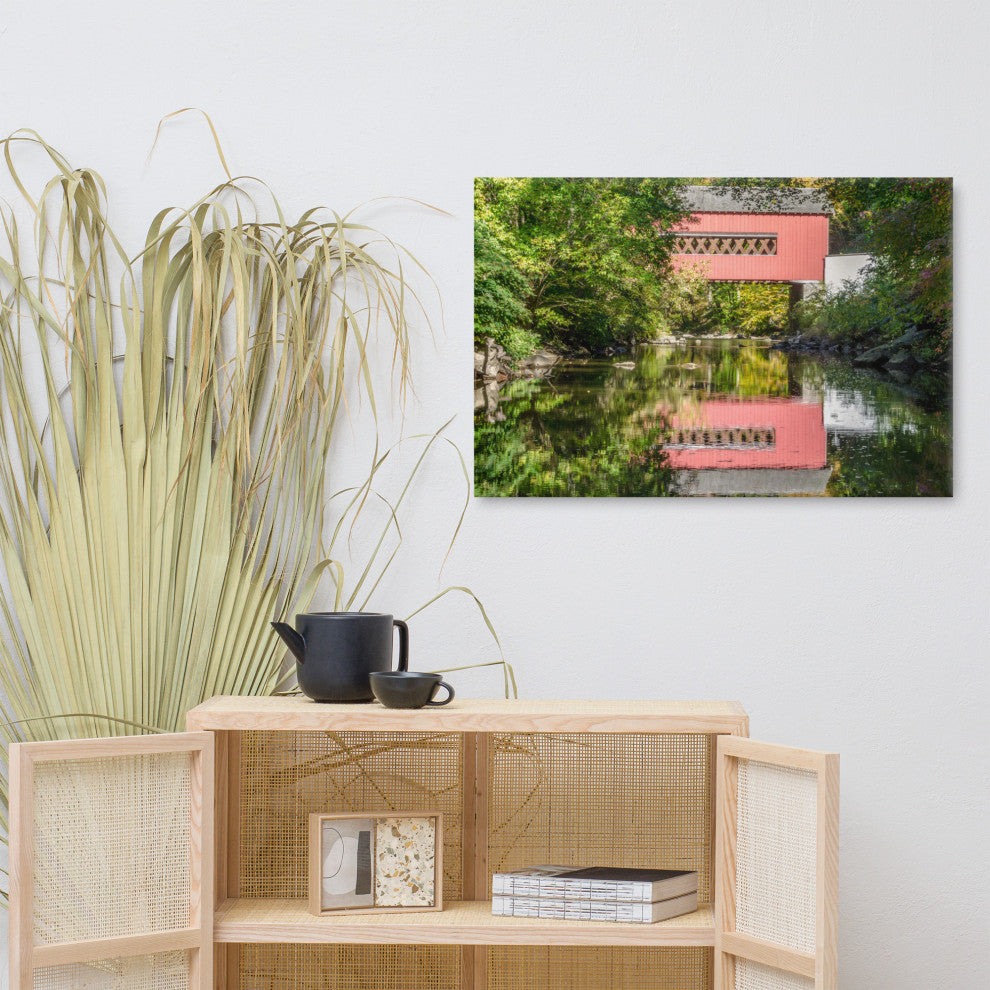 The Reflection of Wooddale Covered Bridge Canvas Wall Art Print, 24" X 36"