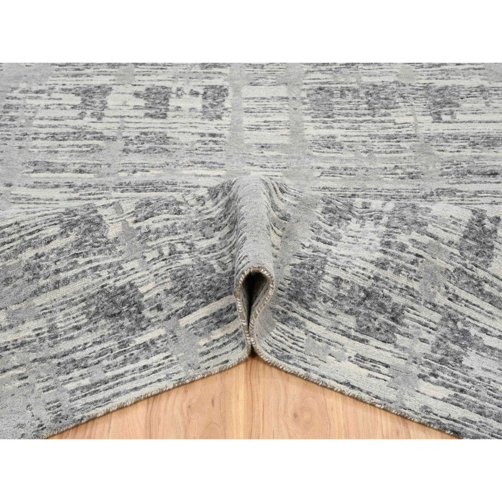 Light Gray, Modern Design, Natural Wool, Hand Knotted Square Rug, 13'7"x14'0"