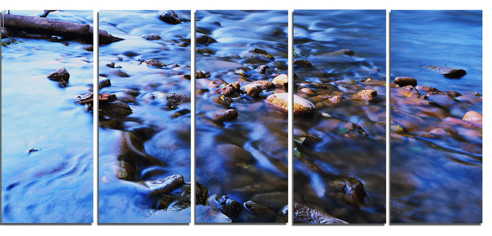 "Rock Blue River Panorama" Oversized Beach Canvas Artwork, 5 Panels, 60"x28"