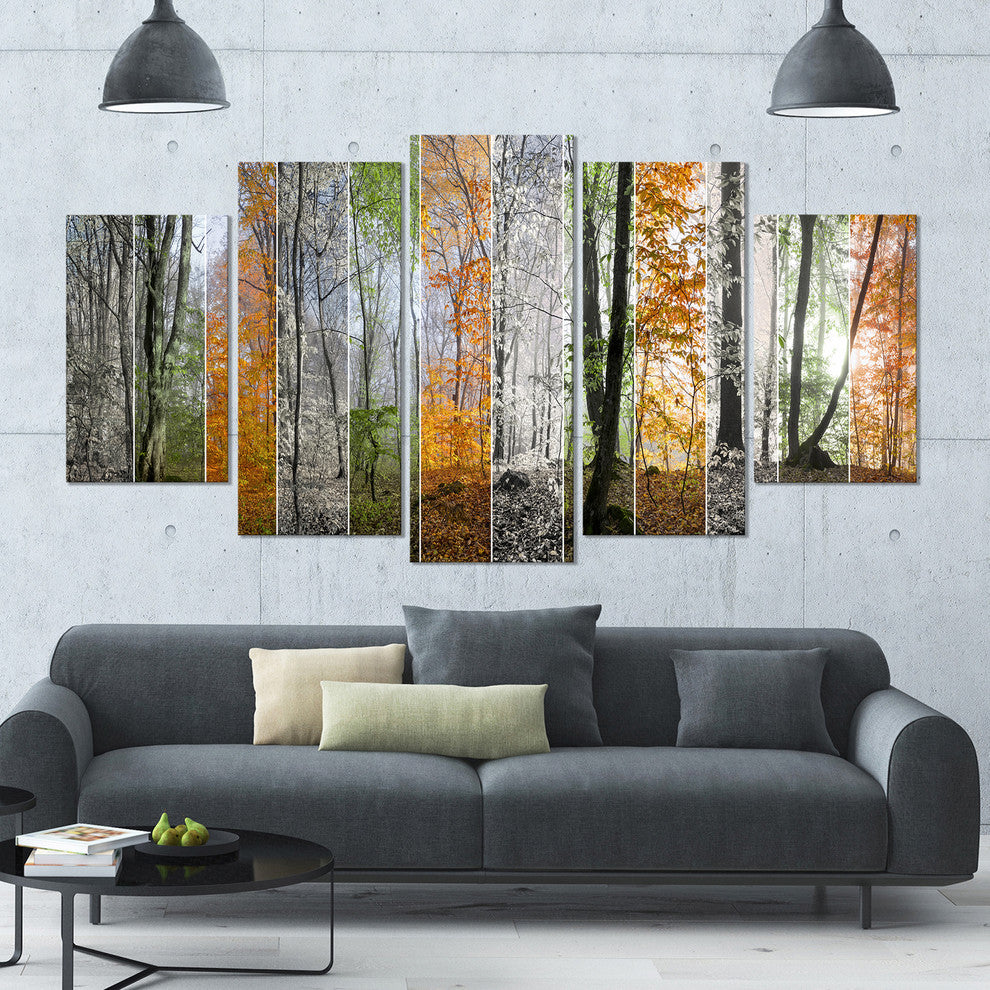Wood Panorama Changing Seasons, Landscape Canvas Art Print, 60"x32", 5 Panels