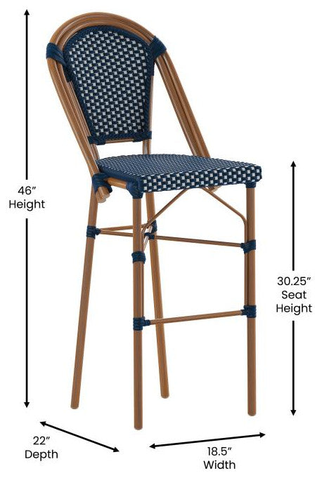 Set of 2 Stackable Indoor/Outdoor French Bistro 30" High Bar Stools, Navy & White/Natural Frame