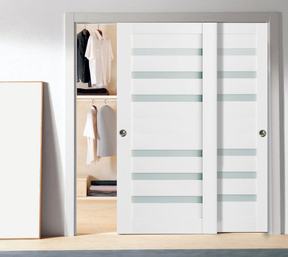Sliding Frosted Glass Bypass Doors 56 x 96, Quadro 4266 White, Rail
