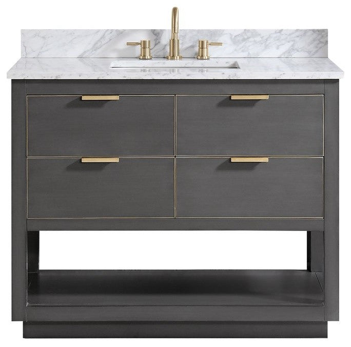 Avanity Allie 43 In. Vanity, Twilight Gray/ Gold, Natural 1" Carrara White Marble Countertop and Backsplash
