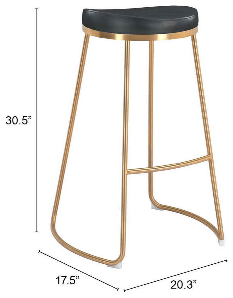 Bar Stool Chair Barstool, Set of 2, Faux Vinyl Leather, Steel, Black, Gold