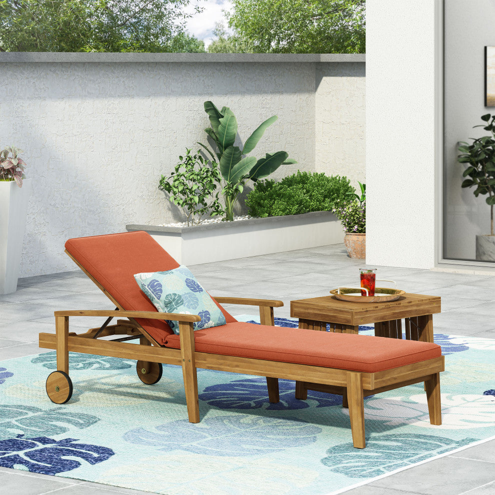 CKH Lucknow Outdoor Acacia Wood Chaise Lounge With Water Resistant Cushion, Orange