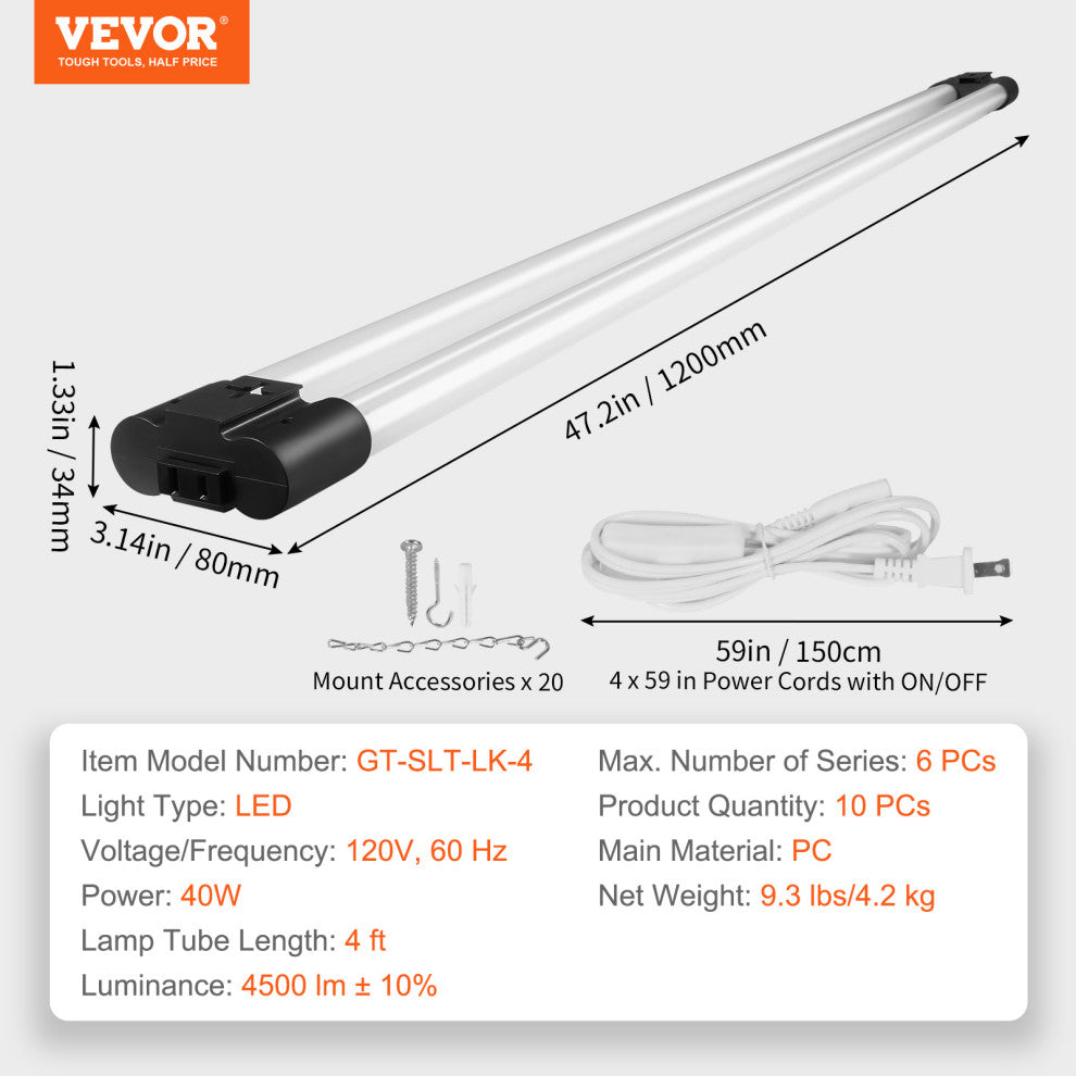 VEVOR 10 Pack 4 FT LED Shop Light 40W Linkable Ceiling Shop Light Fixture 4500LM