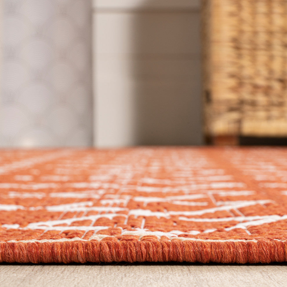 Ourika Moroccan Geometric Indoor/Outdoor Rug, Orange/Cream, 5' Square