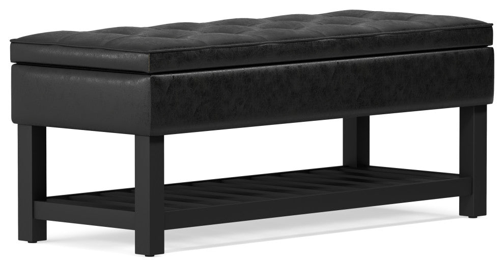 Cosmopolitan Storage Ottoman Bench With Open Bottom, Distressed Black Faux Leather