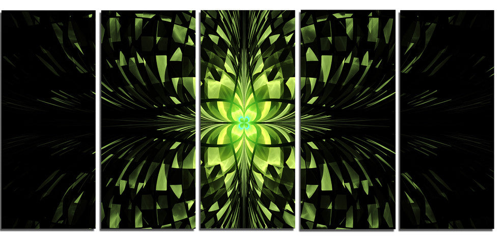 Green Butterfly Pattern on Black, Abstract Wall Art Canvas, 60"x28", 5 Panels