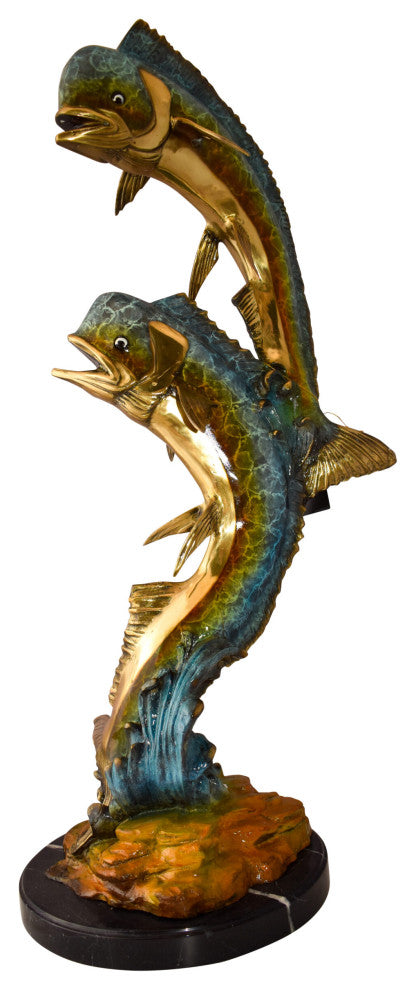 Impressive Pair of Dorado Mahi Mahi Fish Bronze Statue Size: 20" x 18" x 42"H