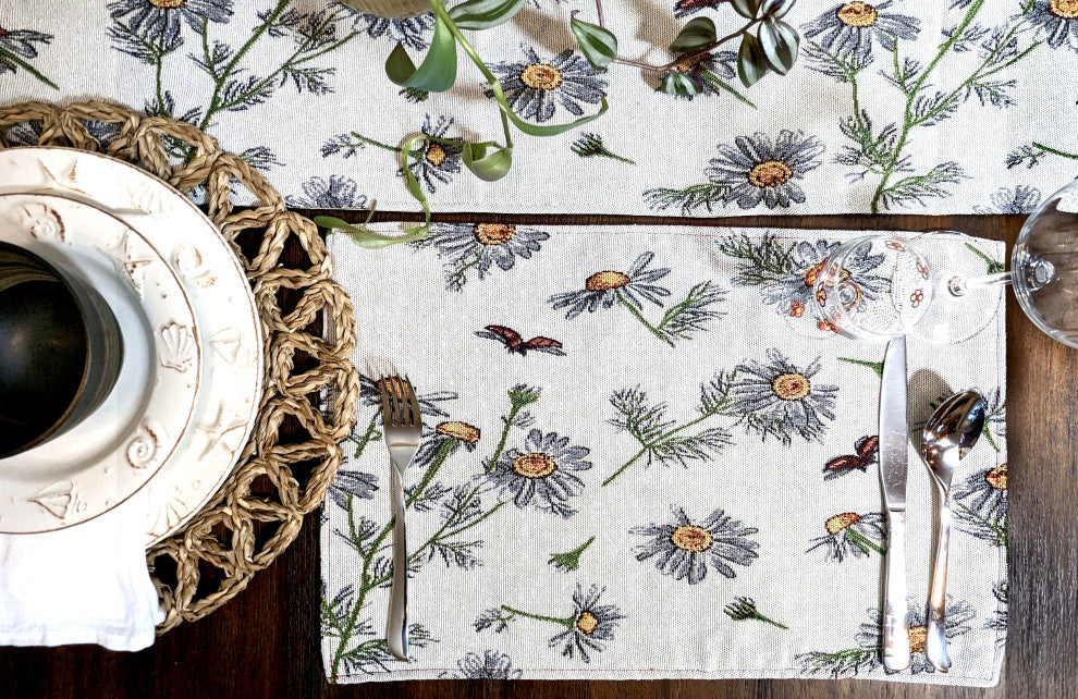 Seasonal Floral Woven Fabric Tapestry Kitchen Table Mats Cloth Placemats, Daisies