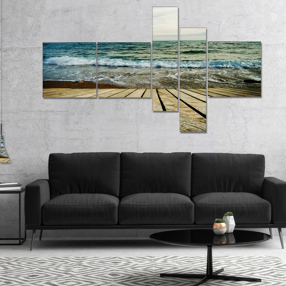 Wooden Pier in Waving Sea, Seascape Canvas Art Print, 60"x32", 5 panels