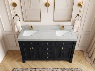 Paris 60" Double Sink Bathroom Vanity, Black 2" Pearl Gray