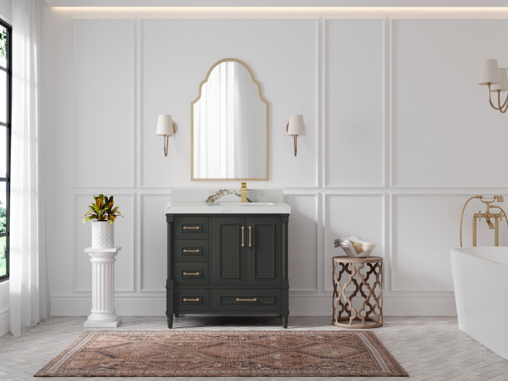 Aberdeen 36 Right Offset Bath Vanity in Black Top 2" Calacatta Gold