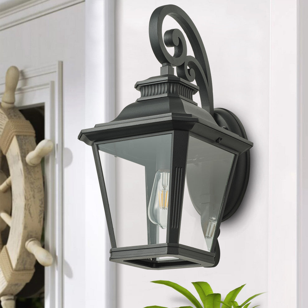 Black 1-Light Outdoor Dusk to Dawn Glass Shade Wall Light