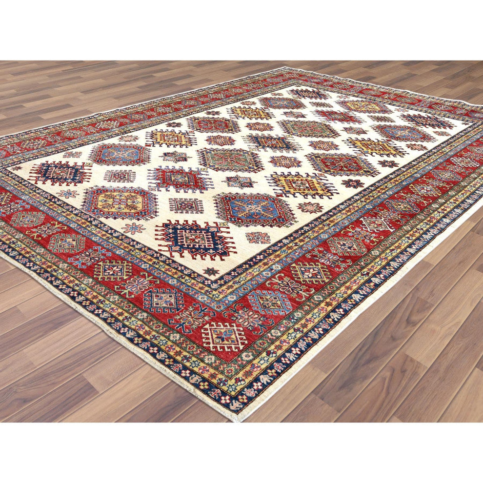 Hand Knotted Ivory Afghan Super Kazak Shiny Wool Oriental Rug, 8'8" x 11'10"