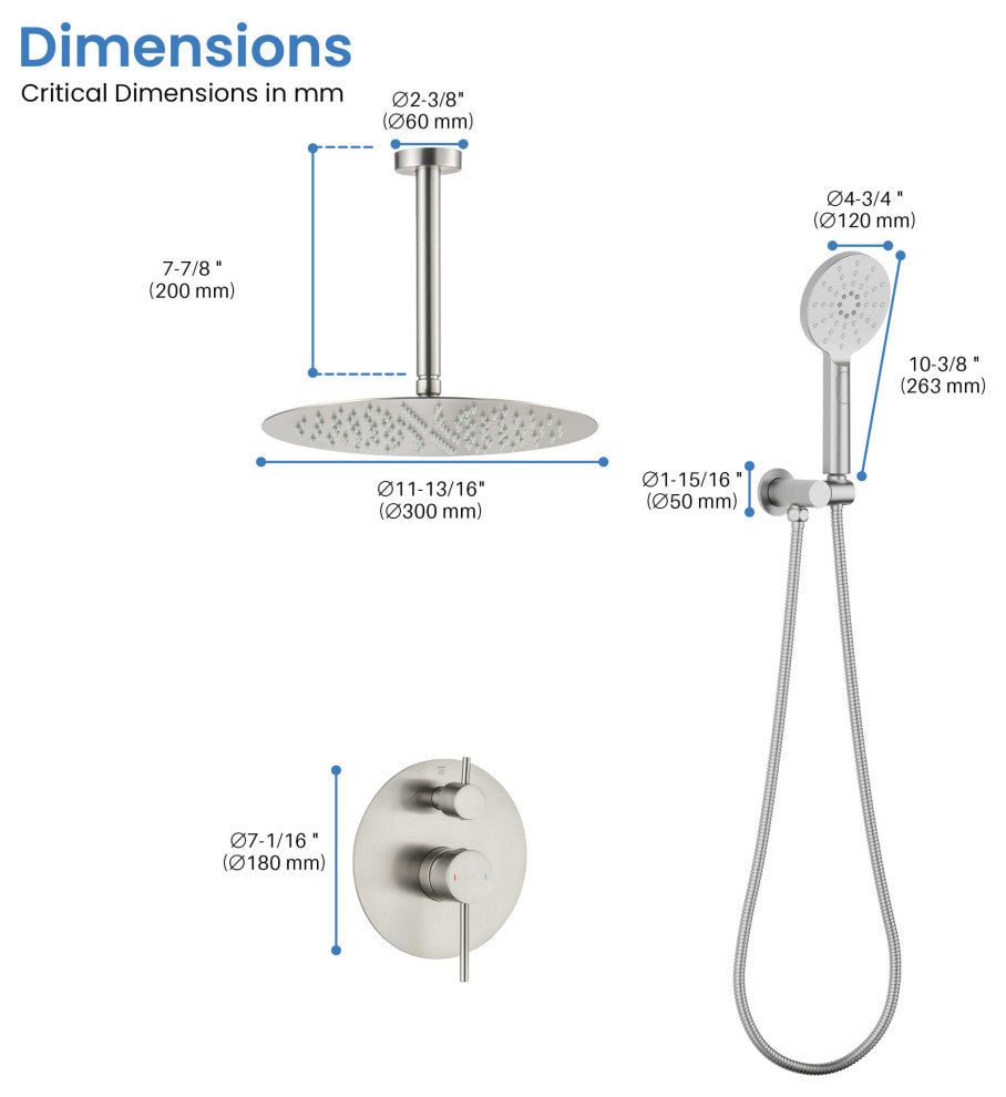 Ceiling Mounted 2-Function Shower System, Rough, Valve, Brushed Nickel