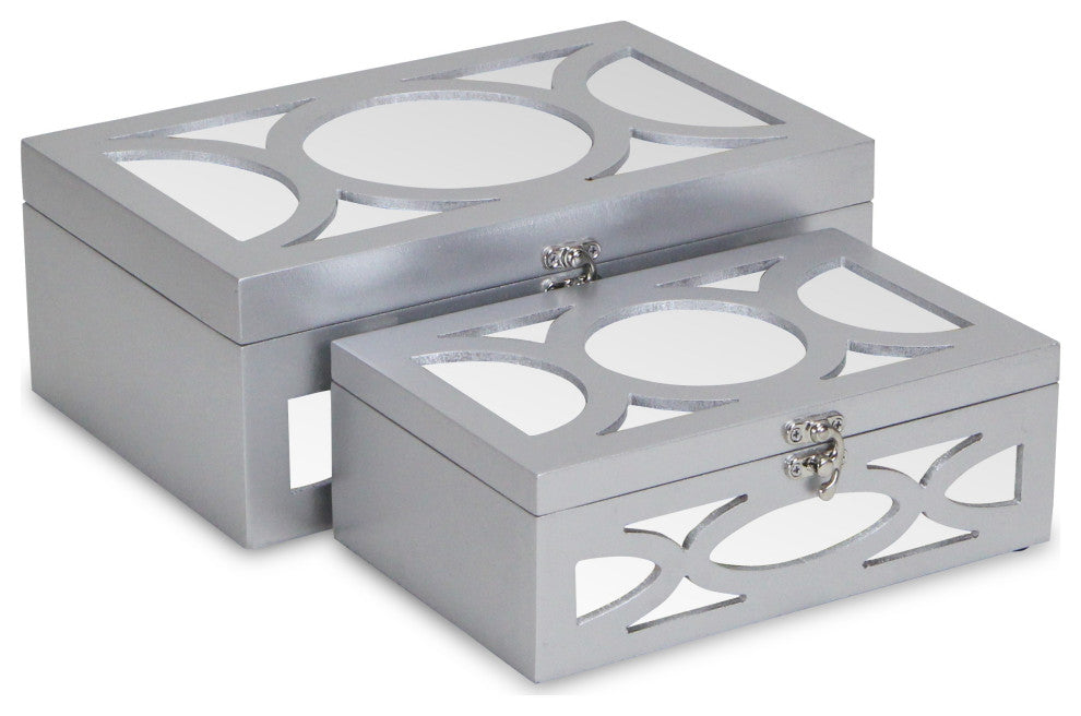 Set of Two Silver Oval Scroll Mirror Jewelry Storage Boxes