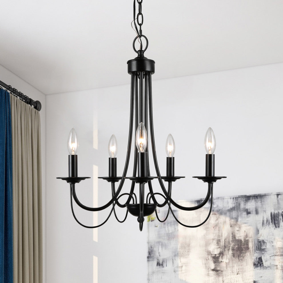 LNC 5-Light Modern Matte Metal Candle-Style Chandelier, Black