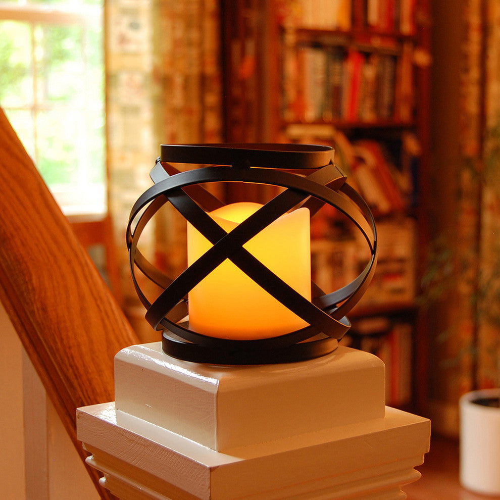 Metal Lantern, Warm Black Banded Design With Battery Operated Candle