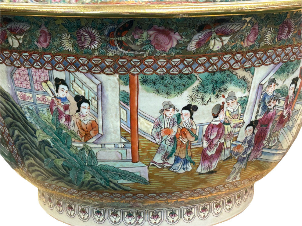 Vintage Chinese Famille Rose People House Graphic Porcelain Bowl Pot Hws4342