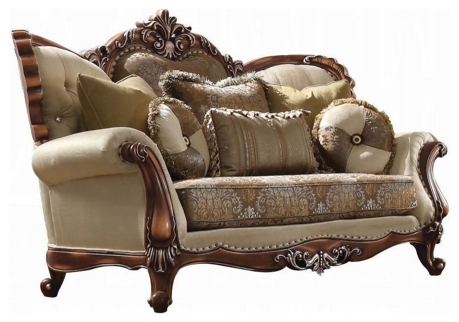 Latisha Loveseat With5 Pillows, Tan, Pattern Fabric and Antique Oak