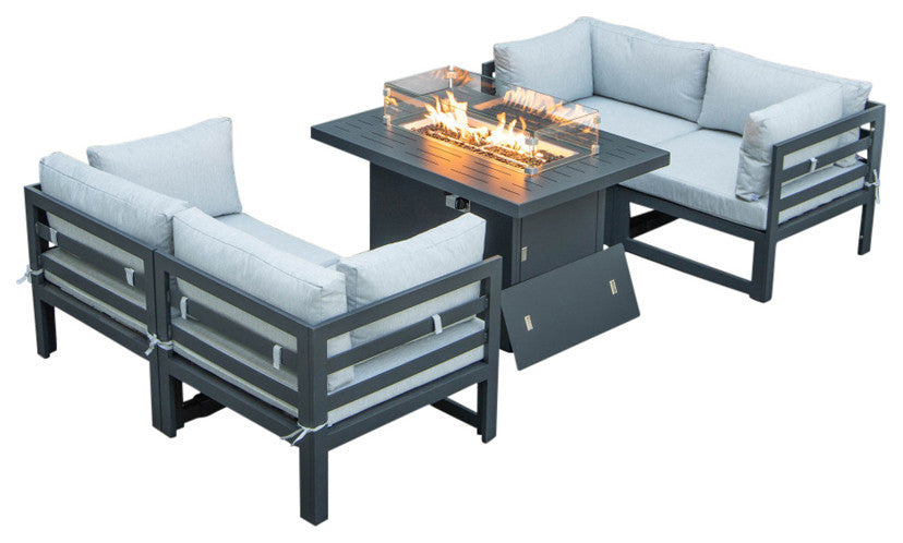 Chelsea 5-Piece Sectional Loveseat and Fire Pit Table Set, Light Grey