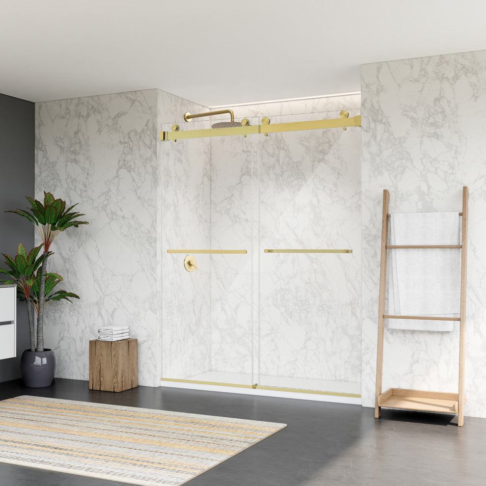 Frameless Exposed Roller Shower Door, Brushed Gold, 60" W X 76" H