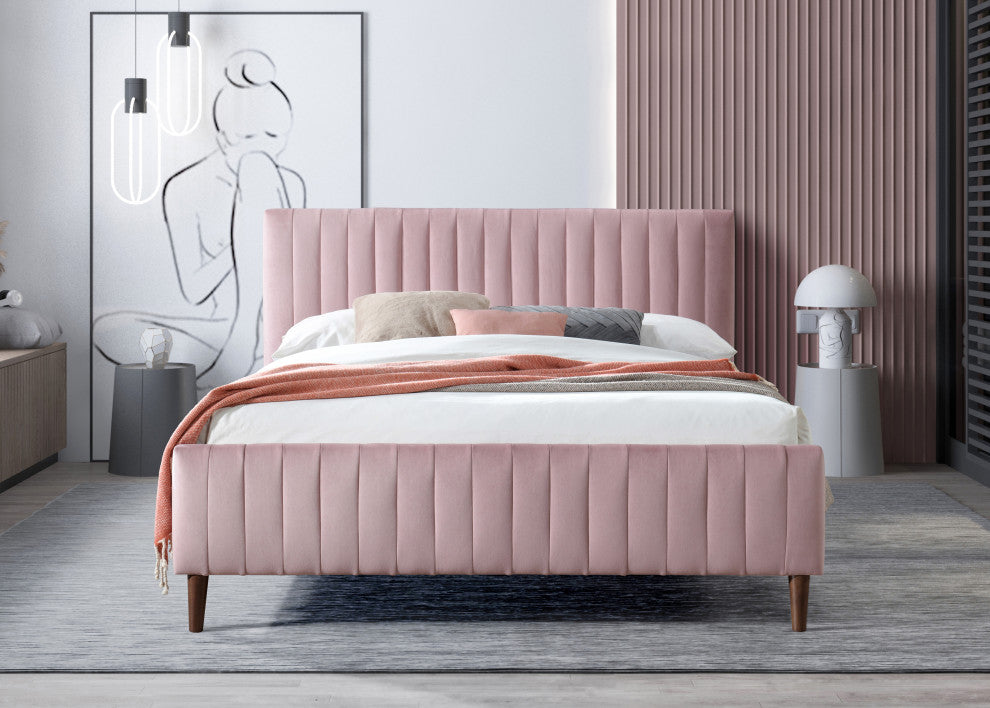 Omax Decor Spencer Upholstered Platform Bed, Blush Velvet, Queen