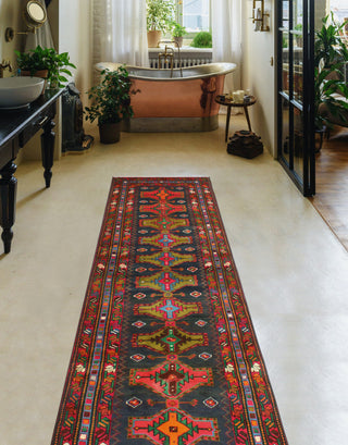 Fine Vintage Distressed Sanem Navy/Red Runner, 3'6 x 13'4