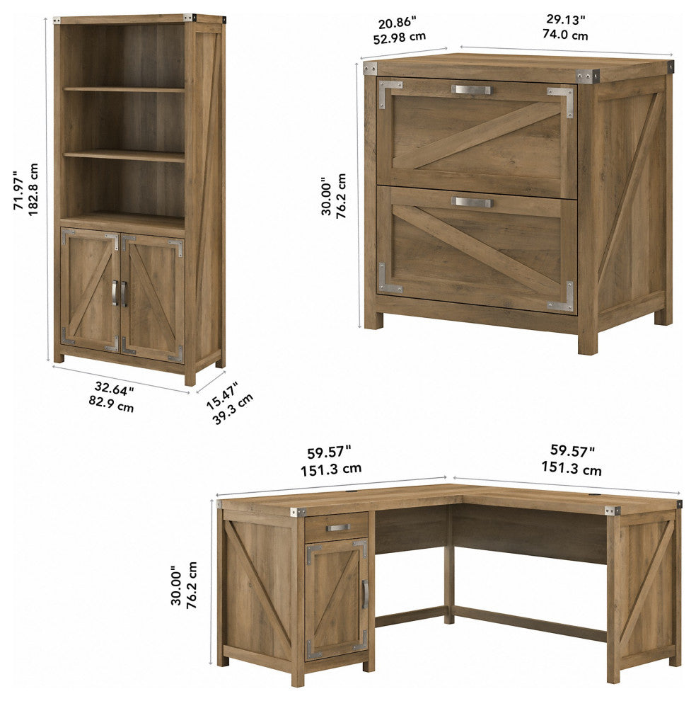 kathy ireland Cottage Grove 60 L Shaped Desk, Cabinet & Bookcase, Reclaimed Pine
