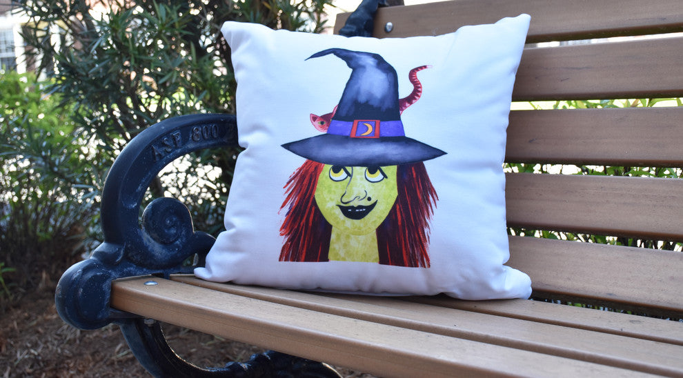 Witches Hat Cream Halloween Print Decorative Throw Pillow, 18"