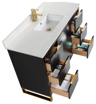 Opulence Bath Vanity, Black Matte, 48", Satin Brass Hardware, White Top