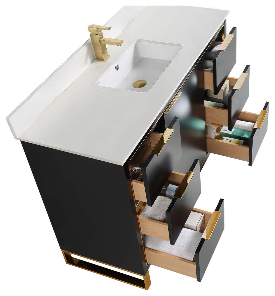 Opulence Bath Vanity, Black Matte, 48", Satin Brass Hardware, White Top