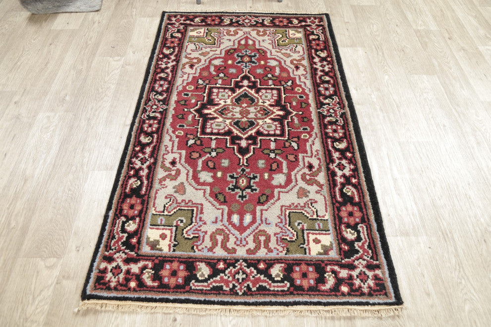 Traditional Heriz Oriental Hand-Knotted Indian Area Rug, Red, 4'11"x2'11