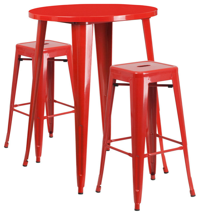 30'' Round Red Metal Indoor-Outdoor Bar Table-2 Sq Seat Backless Barstools