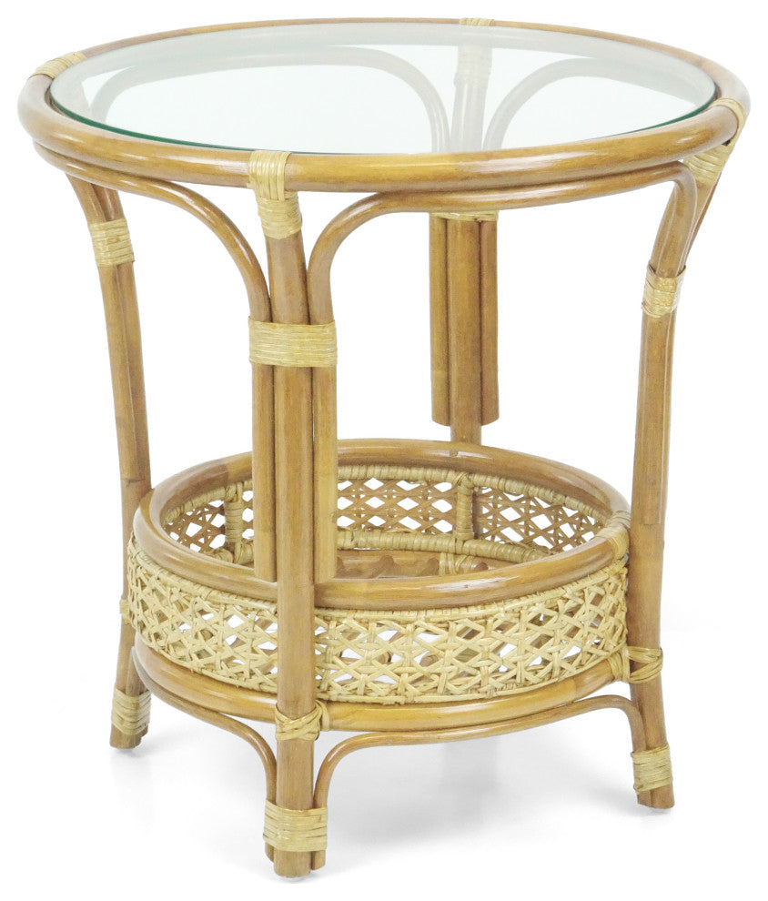 Pelangi Round Rattan Wicker Coffee Table With Glass, Natural