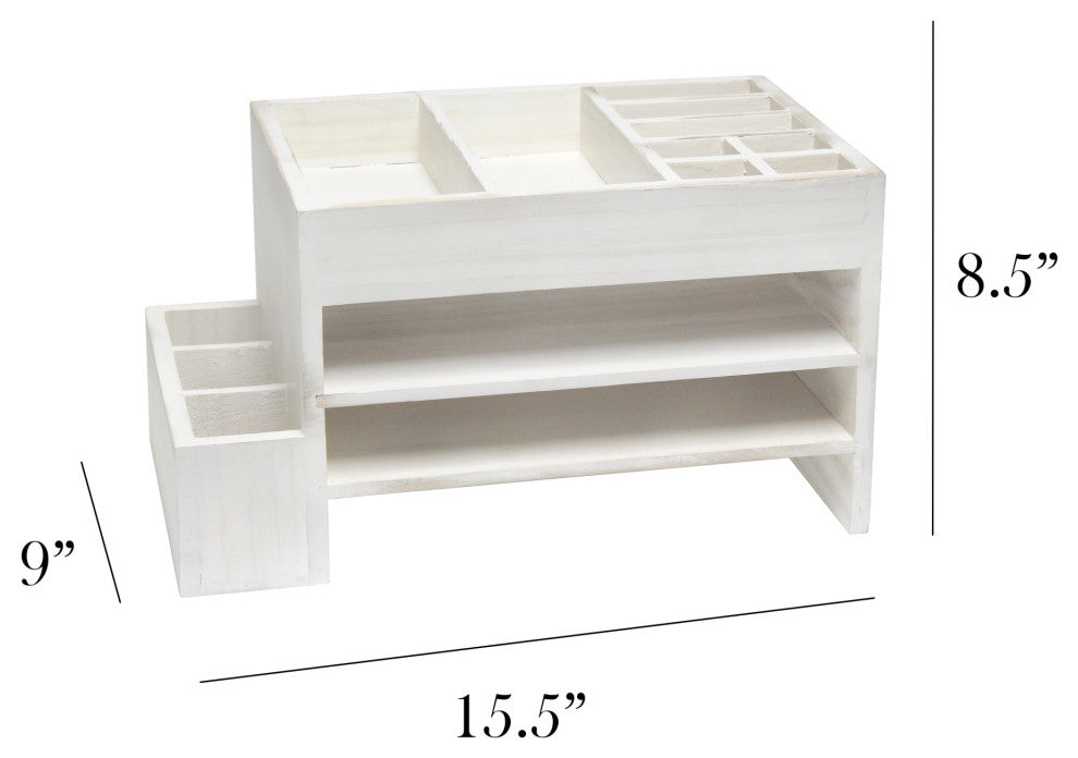 Office Tiered Desk Organizer With Storage Cubbies and Letter Tray, White Wash