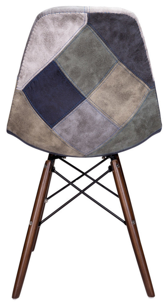Patch Leatherette Upholstery DSW Dining Side Chair, Dark Walnut Leg, Blue/Gray