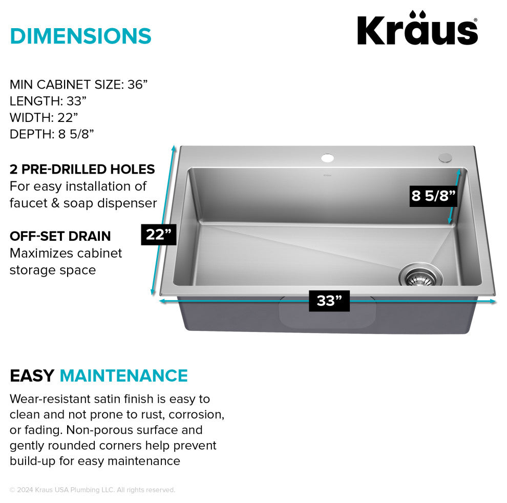 KRAUS Fairlane 33" Drop, / Top Mount 1-Bowl Stainless Steel Kitchen Sink