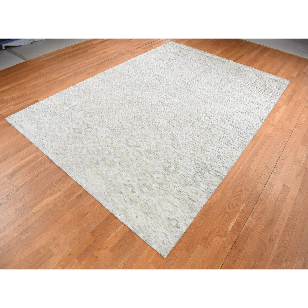 Ivory Pure Silk With Textured Wool Fluffy Collection Hand Knotted Rug 9'10"x14'