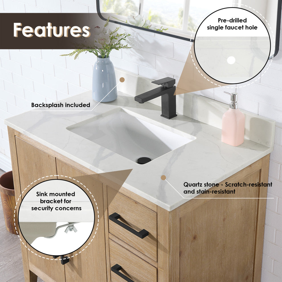 Laurel Bathroom Vanity with Calacatta White Quartz Stone Countertop, Weathered Fir, 36", With Mirror