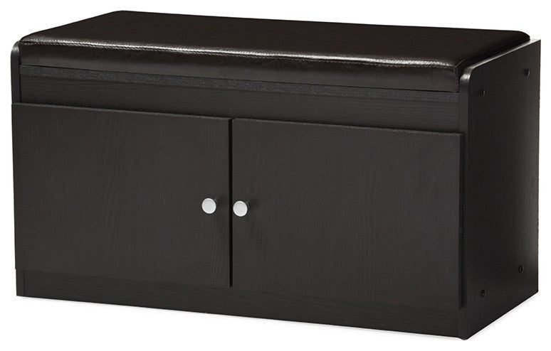 Margaret 2-Door Wood Shoe Cabinet With Faux Leather Seating Bench, Espresso
