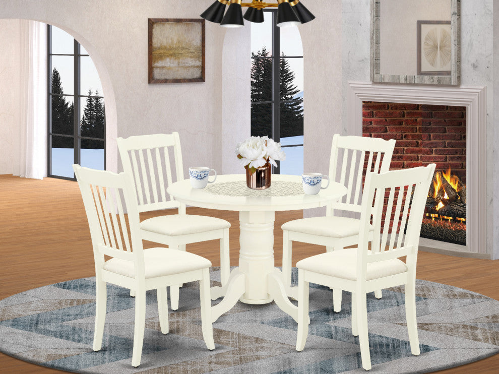 5Pc Dining Set, Round Table, Four Vertical Slatted Linen Seat Chairs, White