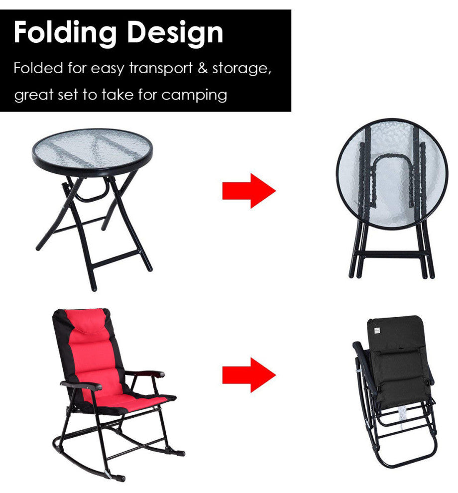 Costway 3 PCS Outdoor Folding Rocking Chair Table Set Bistro Sets Furniture Red